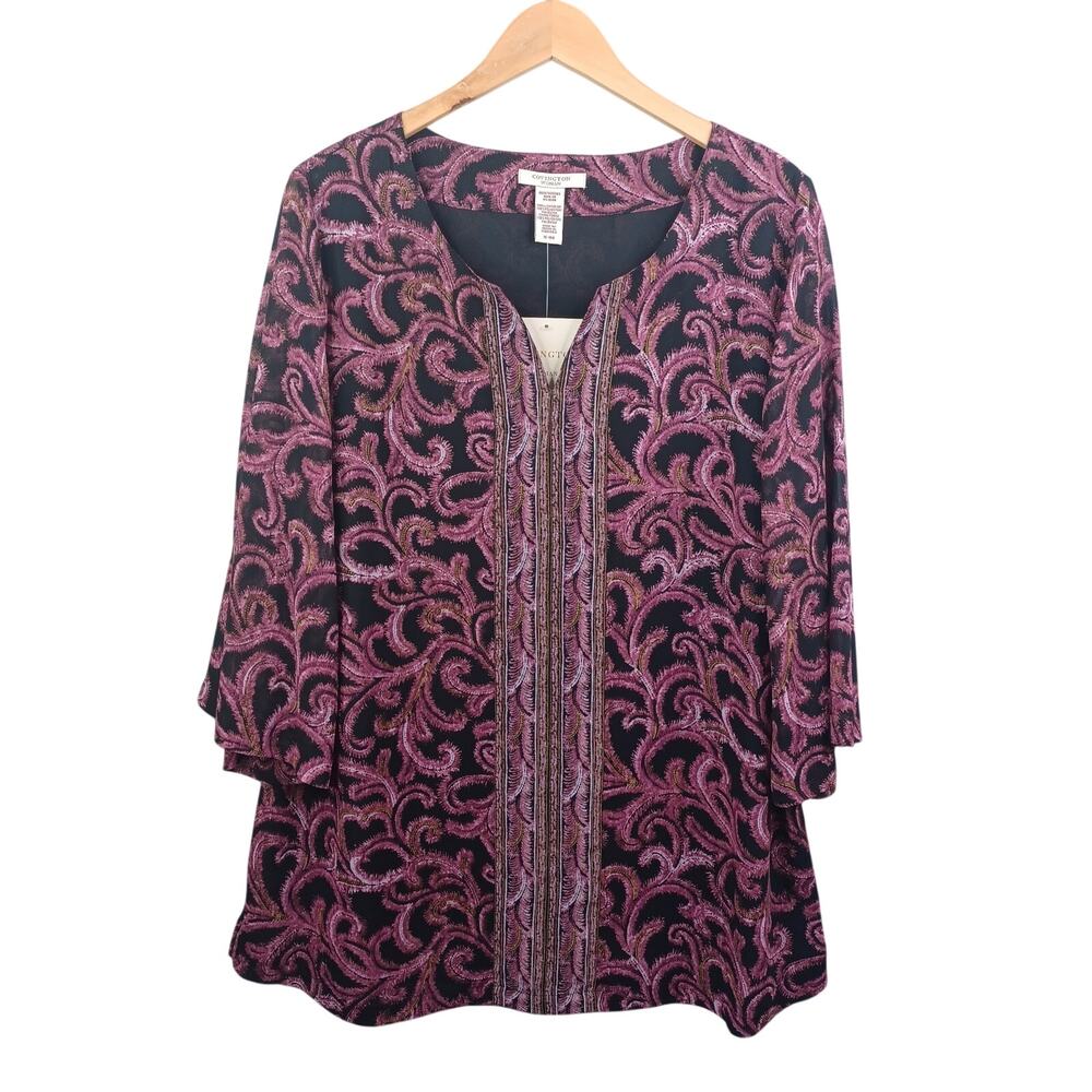 Vintage Covington Woman 3/4 Flare Sleeve Tunic Top Size 16-18W Black‎ Pink Sears
